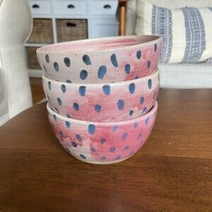 Old House Pottery Seagrove NC Fred Beane Pink and Blue Polka Dot Bowls (3)